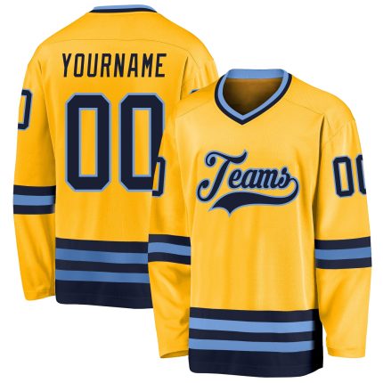 Custom Gold Navy-Light Blue Hockey Jersey with Personalized Name & Number Personalized Gold Navy-Light Blue Hockey Jersey