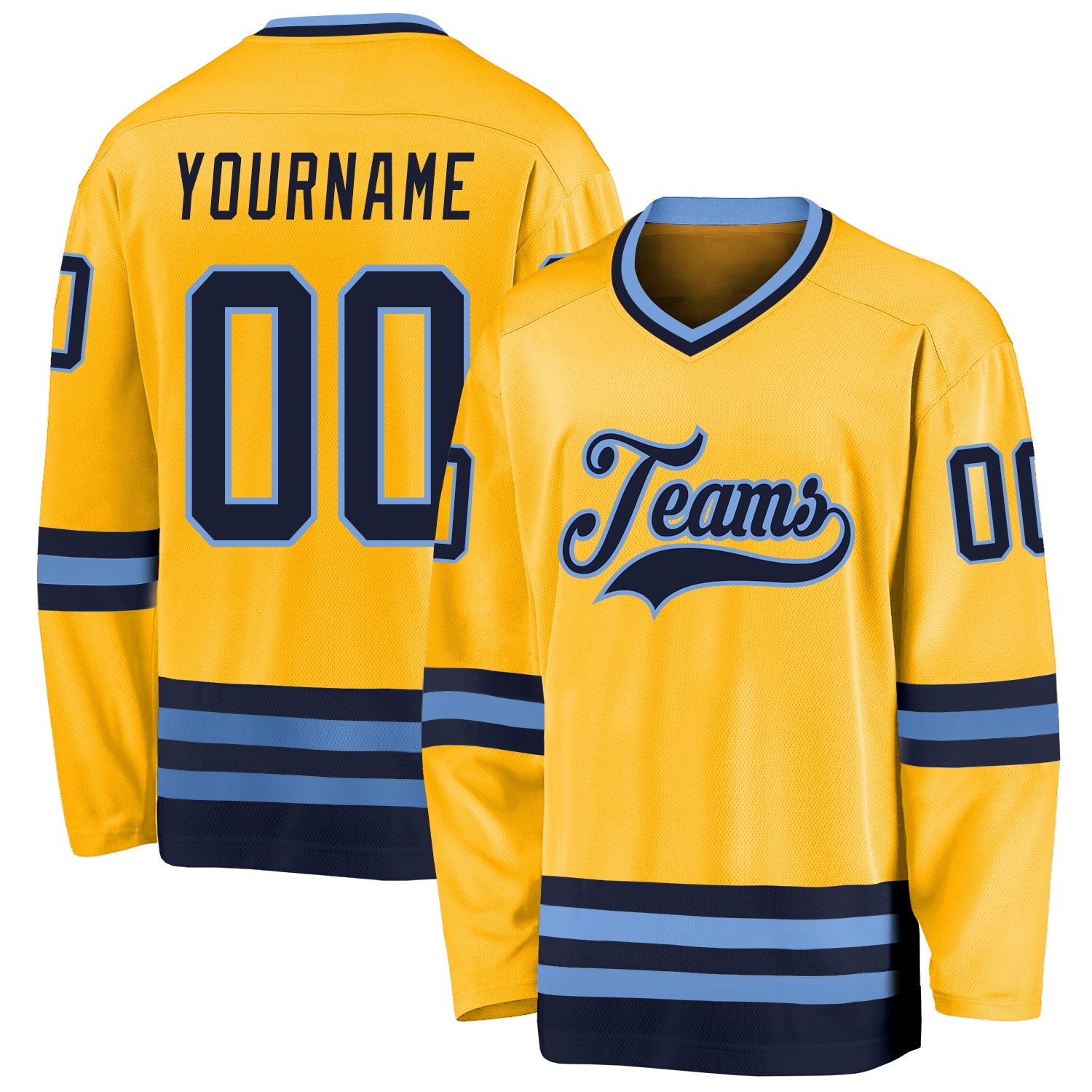 Custom Gold Navy-Light Blue Hockey Jersey with Personalized Name & Number Personalized Gold Navy-Light Blue Hockey Jersey