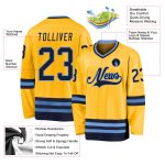 Custom Gold Navy-Light Blue Hockey Jersey with Personalized Name & Number Personalized Gold Navy-Light Blue Hockey Jersey