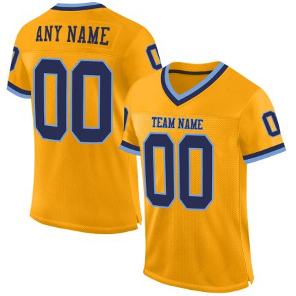 Custom Authentic Football Jersey with Personalized Name and Number, Gold Navy Light Blue Mesh, Team Style Personalized Gold