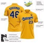 Custom Personalized Gold Navy-Light Blue Golf Polo Shirt with Name and Number, Performance Vapor Style Personalized Gold