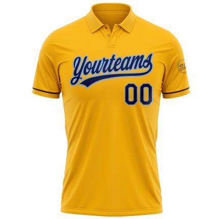 Custom Personalized Gold Navy-Light Blue Golf Polo Shirt with Name and Number, Performance Vapor Style Personalized Gold