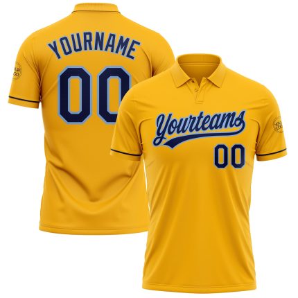 Custom Personalized Gold Navy-Light Blue Golf Polo Shirt with Name and Number, Performance Vapor Style Personalized Gold