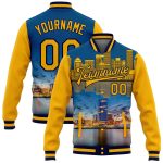 Custom Milwaukee Wisconsin 3D Bomber Varsity Jacket with Personalized Name and Number - Gold Navy City Edition Letterman Jacket