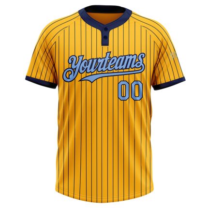 Custom Name and Number Personalized Gold Navy Pinstripe Softball Jersey - Light Blue Two-Button Unisex Design Personalized