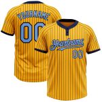 Custom Name and Number Personalized Gold Navy Pinstripe Softball Jersey - Light Blue Two-Button Unisex Design Personalized