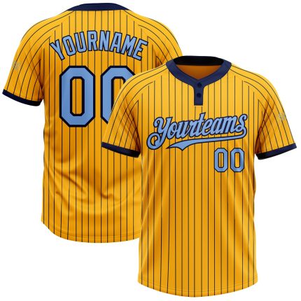 Custom Name and Number Personalized Gold Navy Pinstripe Softball Jersey - Light Blue Two-Button Unisex Design Personalized