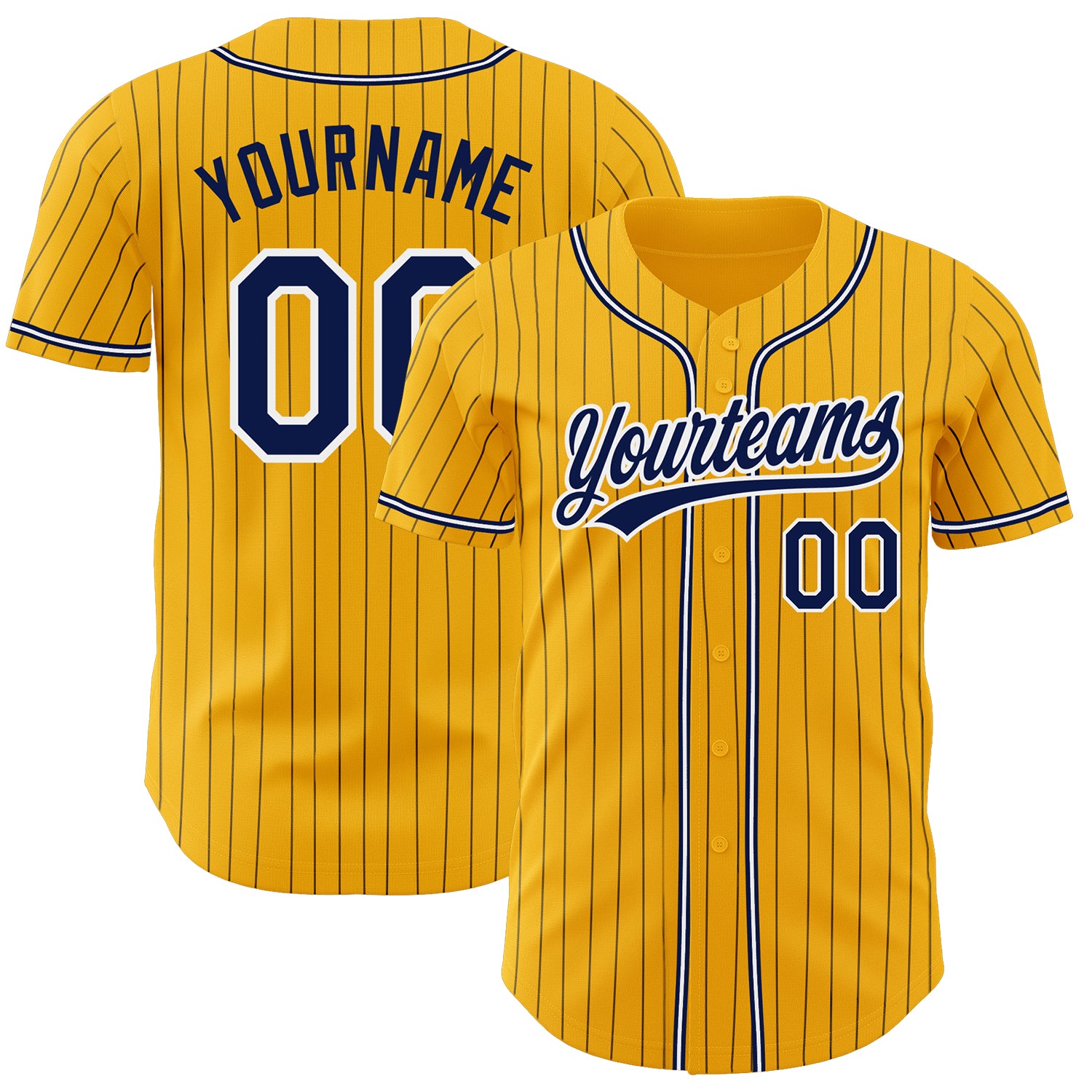 Custom Name and Number Personalized Gold Navy Pinstripe Baseball Jersey - Authentic Team Apparel Personalized Gold Navy Pinstripe