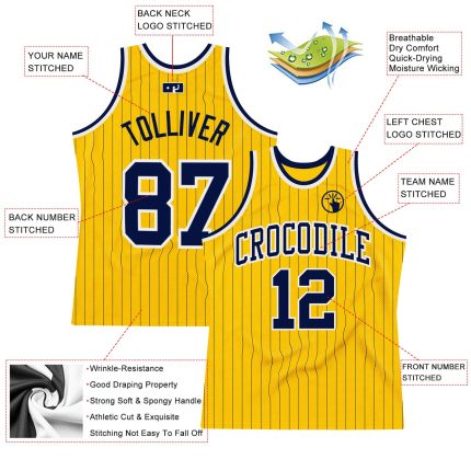 Customizable Gold Navy Pinstripe Basketball Jersey with Name and Number - Authentic Team Apparel Personalized Gold Navy Pinstripe