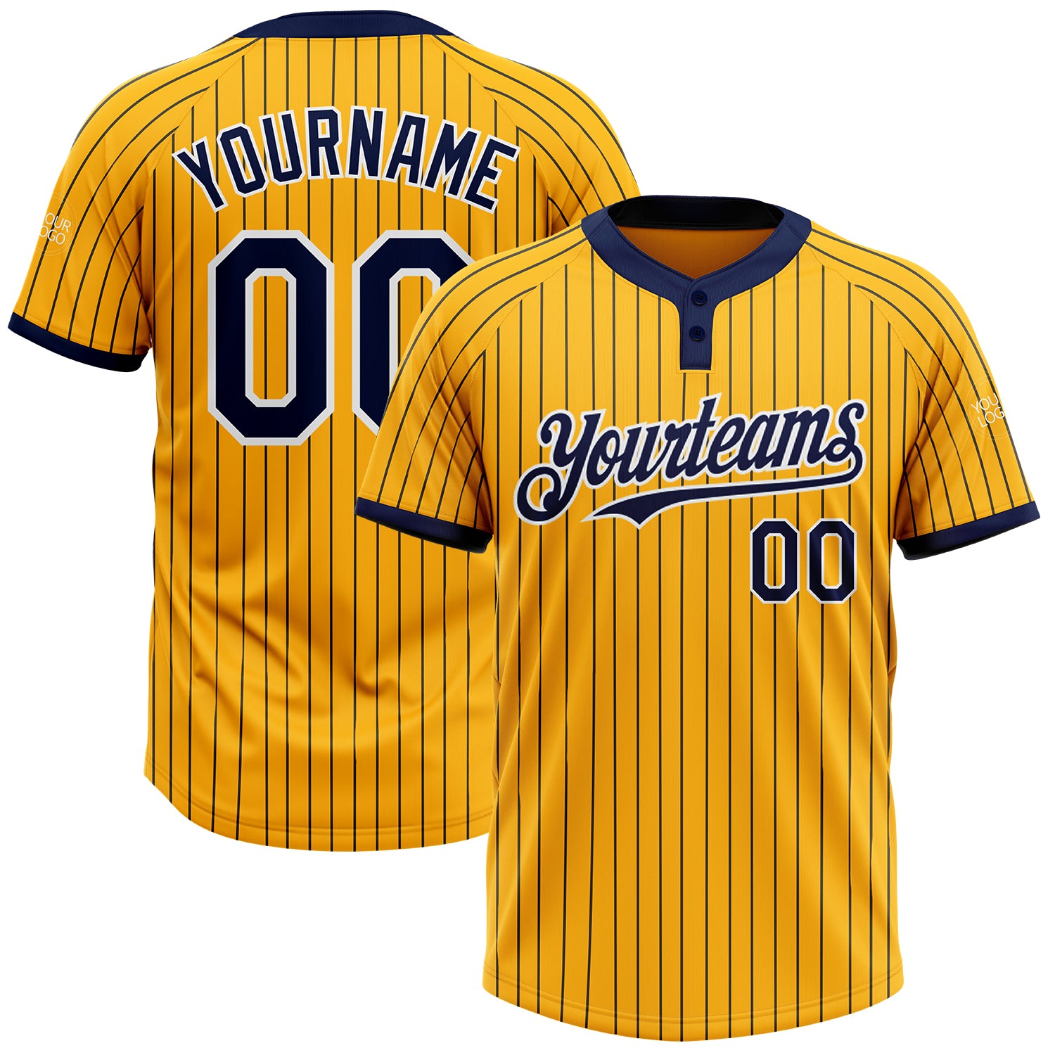 Custom Name and Number Unisex Softball Jersey Personalized Gold Navy Pinstripe Two-Button Design Personalized Gold Navy Pinstripe