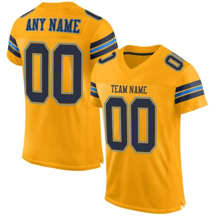 Custom Personalized Gold Navy Powder Blue Football Jersey with Name and Number - Authentic Mesh Team Apparel Personalized