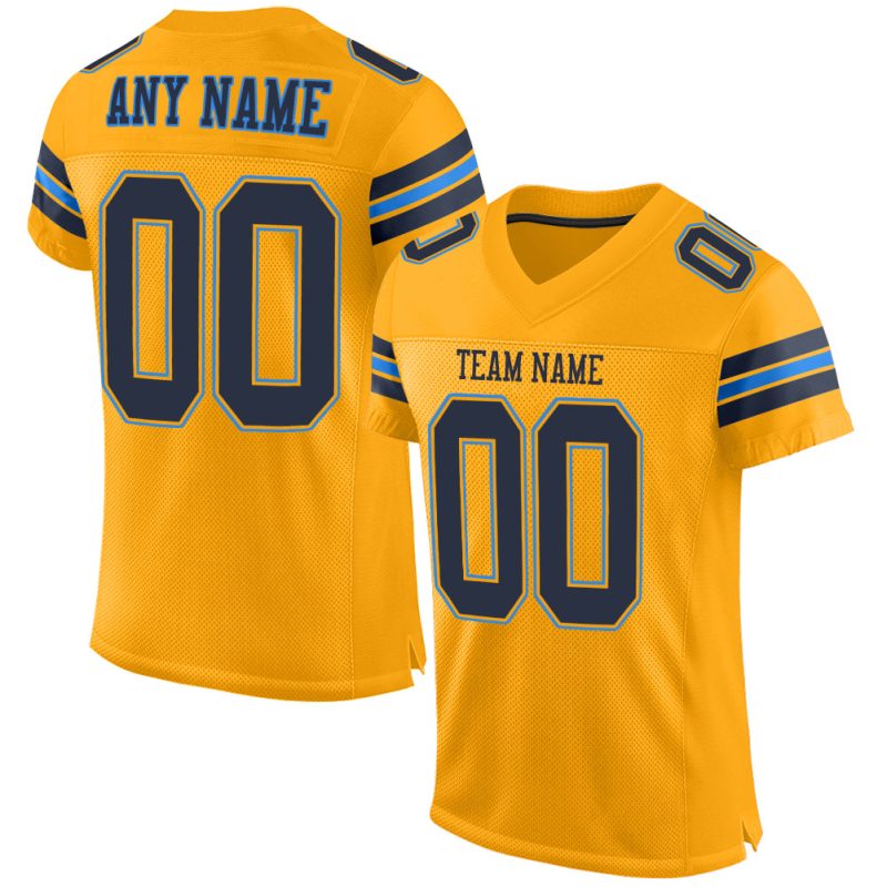 Custom Personalized Gold Navy Powder Blue Football Jersey with Name and Number - Authentic Mesh Team Apparel Personalized