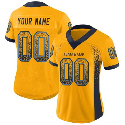 Custom Personalized Football Jersey with Name and Number in Gold, Navy, and Powder Blue Mesh Drift Style Personalized Gold