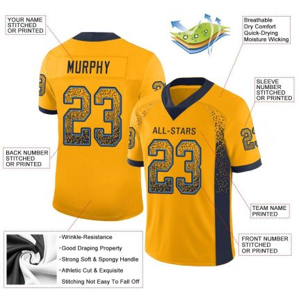 Custom Personalized Football Jersey with Name and Number in Gold, Navy, and Powder Blue Mesh Drift Style Personalized Gold