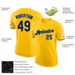 Custom Team Name and Number Personalized Gold Navy-Powder Blue Performance T-Shirt Personalized Gold Navy-Powder Blue Performance