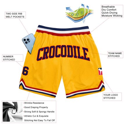 Custom Name Number Personalized Gold Navy-Red Basketball Shorts Authentic Throwback Team Style Personalized Gold Navy-Red
