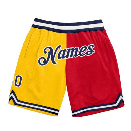 Custom Gold Navy-Red Basketball Shorts with Name & Number - Personalized Authentic Throwback Split Fashion Personalized Gold