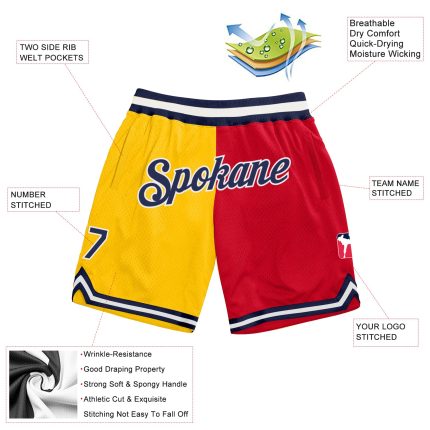 Custom Gold Navy-Red Basketball Shorts with Name & Number - Personalized Authentic Throwback Split Fashion Personalized Gold