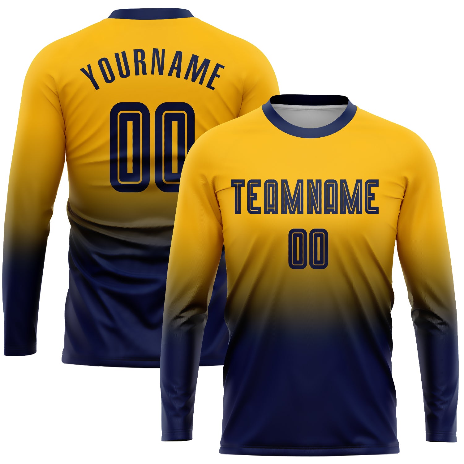 Personalized Gold Navy Soccer Uniform Jersey - Long Sleeve Fade Fashion Design Personalized Gold Navy Sublimation Long Sleeve
