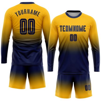 Personalized Gold Navy Soccer Uniform Jersey - Long Sleeve Fade Fashion Design Personalized Gold Navy Sublimation Long Sleeve