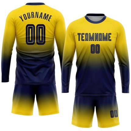 Custom Name and Number Soccer Uniform Jersey Personalized Gold Navy Long Sleeve Fade Fashion Personalized Gold Navy Sublimation
