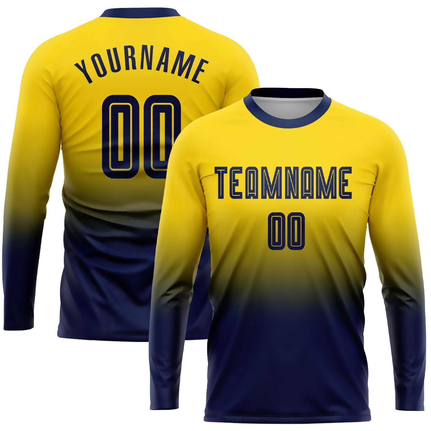 Custom Name and Number Soccer Uniform Jersey Personalized Gold Navy Long Sleeve Fade Fashion Personalized Gold Navy Sublimation
