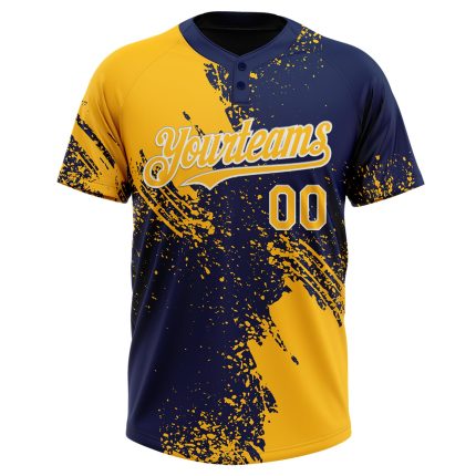 Custom Name and Number Unisex Softball Jersey - Personalized Gold Navy-White 3D Abstract Brush Stroke Two-Button Design Personalized