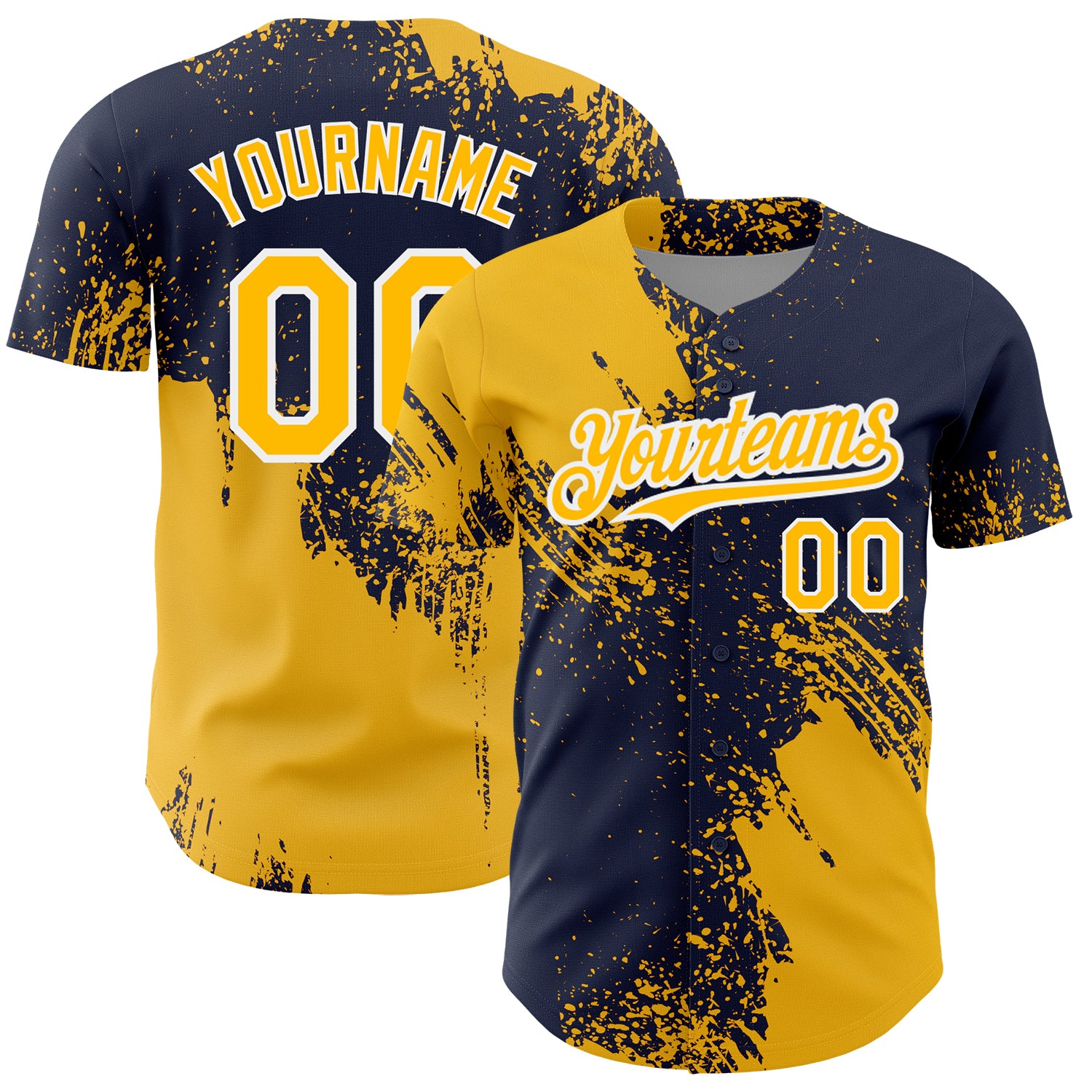 Custom Name and Number Baseball Jersey with 3D Pattern Design in Gold Navy White - Personalized Abstract Brush Stroke Style