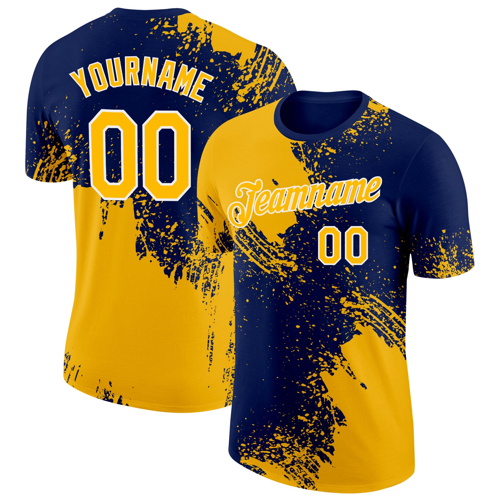 Custom Team Name Number Performance T-Shirt - Personalized Gold Navy White 3D Pattern Design Abstract Brush Stroke Personalized