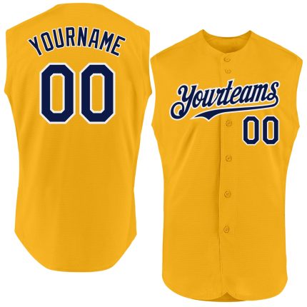 Personalized Gold Navy White Baseball Jersey - Authentic Sleeveless Design Personalized Gold Navy-White Authentic Sleeveless