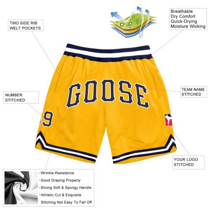 Custom Gold Navy White Basketball Shorts with Team Name and Number - Personalized Authentic Throwback Design Personalized
