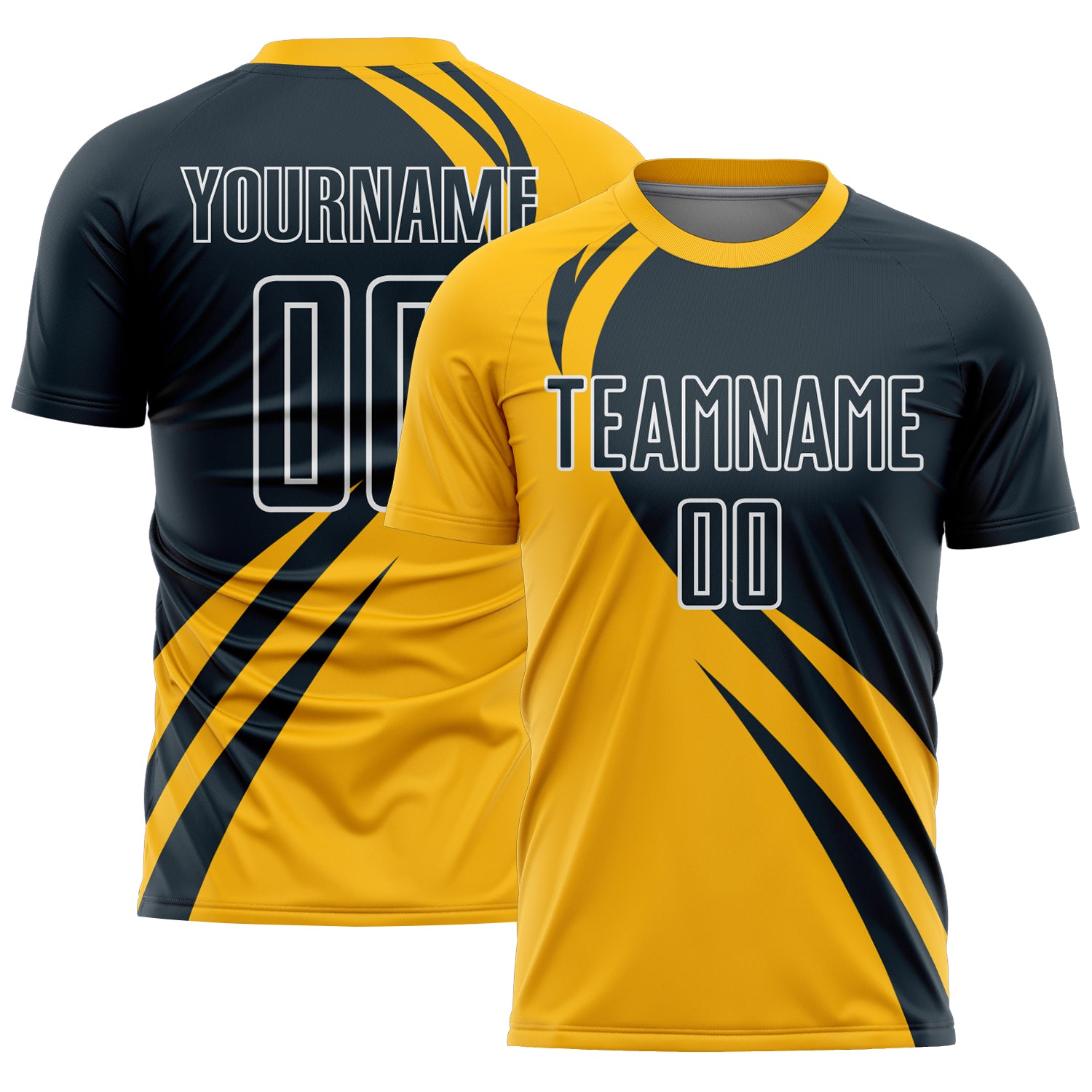 Custom Name and Number Personalized Soccer Uniform Jersey - Gold Navy-White Curve Lines Design Personalized Gold Navy-White