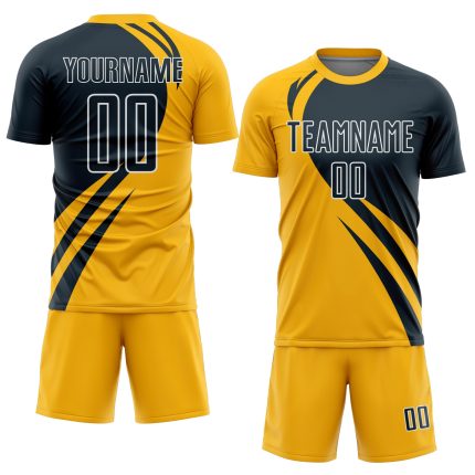 Custom Name and Number Personalized Soccer Uniform Jersey - Gold Navy-White Curve Lines Design Personalized Gold Navy-White