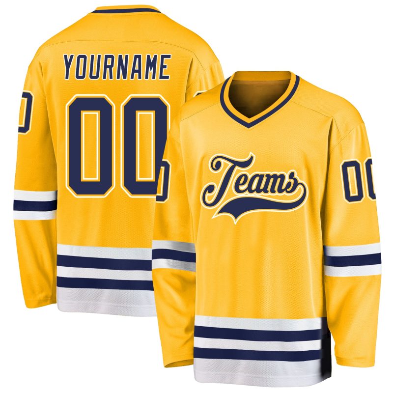 Custom Gold Navy-White Hockey Jersey with Personalized Name and Number - Team Apparel Personalized Gold Navy-White Hockey
