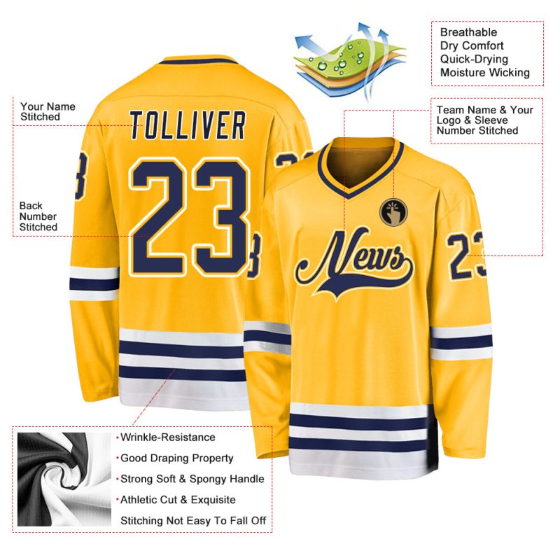 Custom Gold Navy-White Hockey Jersey with Personalized Name and Number - Team Apparel Personalized Gold Navy-White Hockey