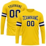 Custom Team Name and Number Performance T-Shirt in Gold Navy-White, Long Sleeve Design Personalized Gold Navy-White Long