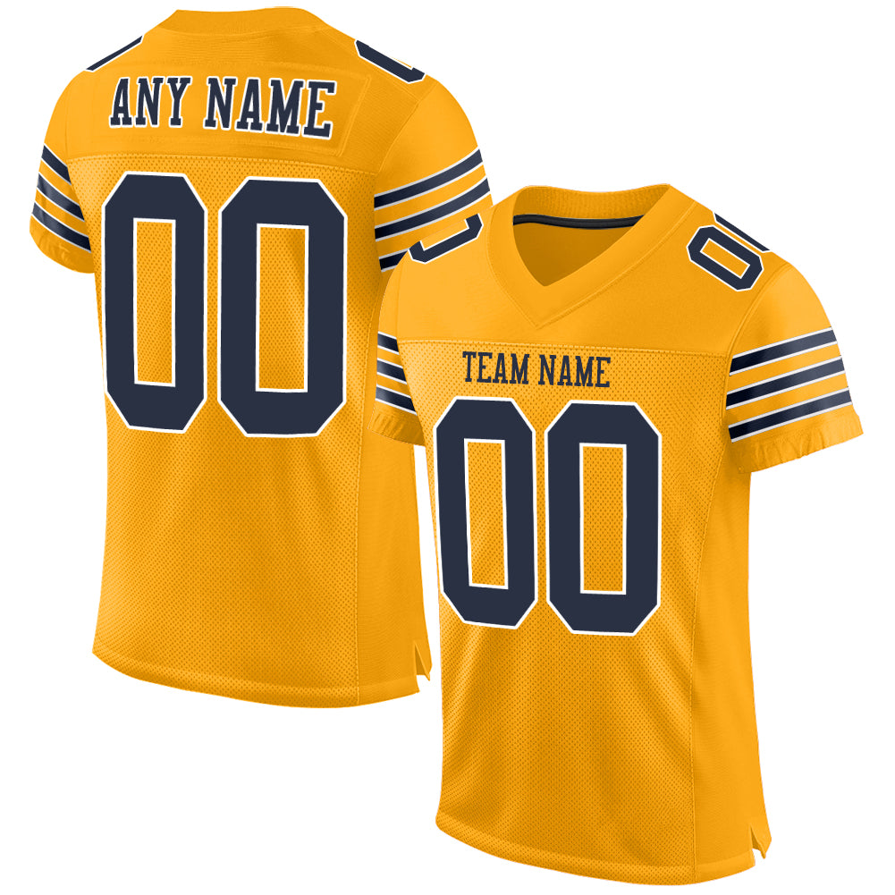 Personalized Gold Navy White Football Jersey - Authentic Mesh Design Personalized Gold Navy-White Mesh Authentic Football