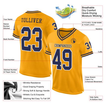 Custom Name and Number Personalized Gold Navy-White Mesh Football Jersey - Authentic Throwback Team Jersey Personalized Gold
