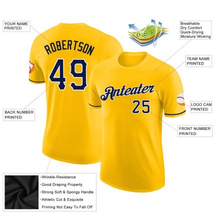 Custom Personalized Gold Navy-White Performance T-Shirt with Team Name and Number Personalized Gold Navy-White Performance