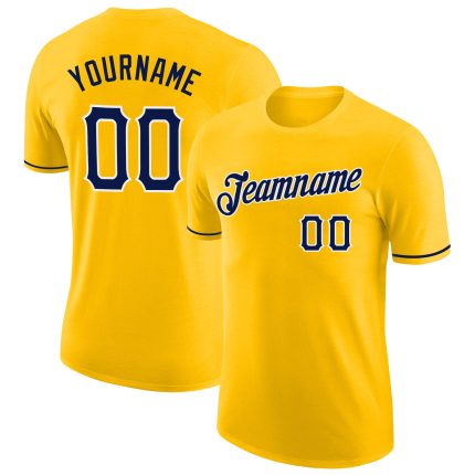 Custom Personalized Gold Navy-White Performance T-Shirt with Team Name and Number Personalized Gold Navy-White Performance