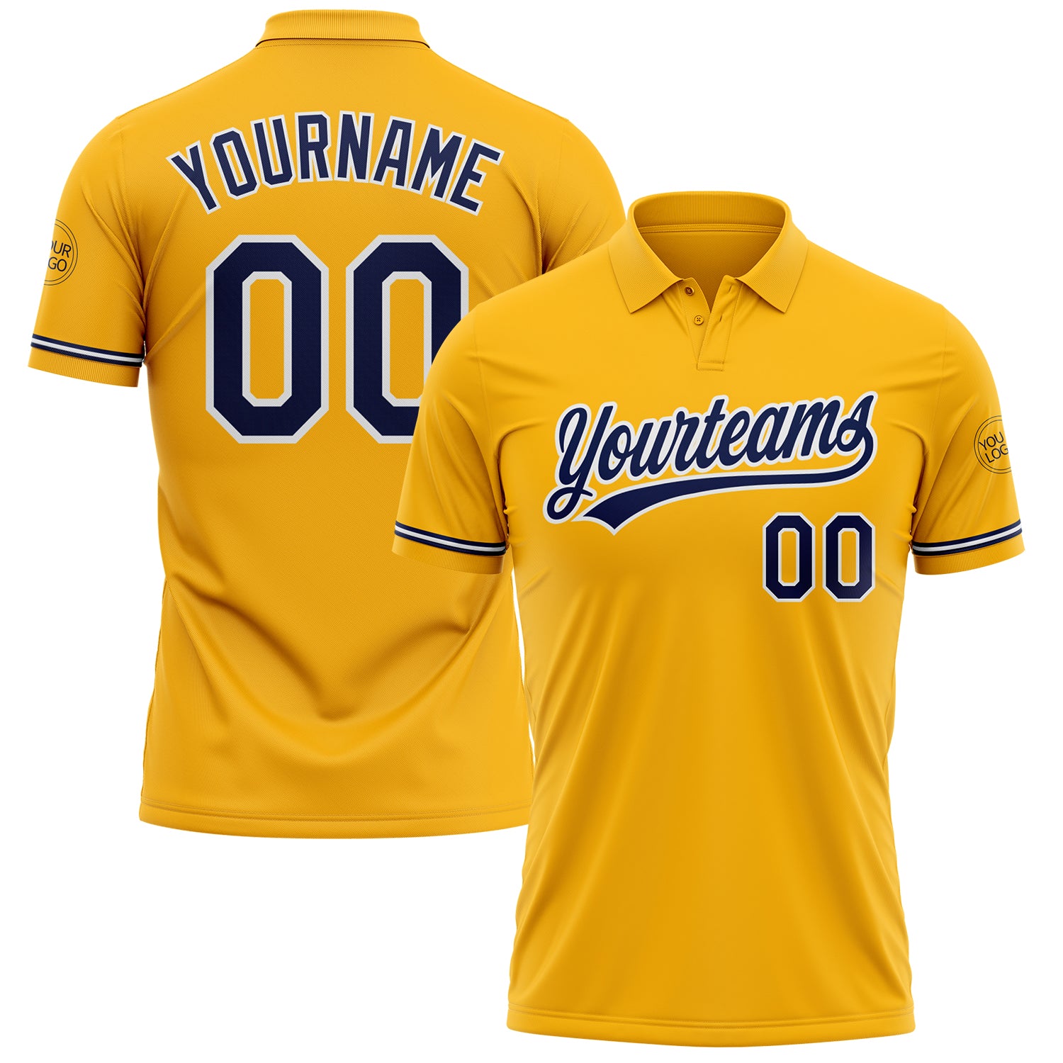 Personalized Gold Navy White Golf Polo Shirt with Custom Name and Number - Performance Vapor Team Apparel Personalized Gold