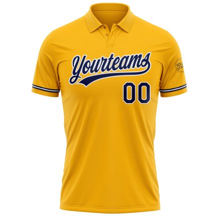 Personalized Gold Navy White Golf Polo Shirt with Custom Name and Number - Performance Vapor Team Apparel Personalized Gold