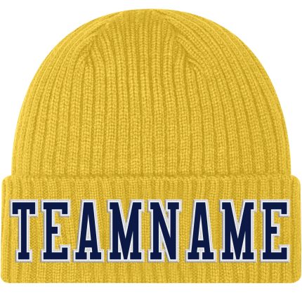 Custom Name Number Navy-White Stitched Knit Hat - Personalized Gold Cuffed Beanie for Teams Personalized Gold Navy-White
