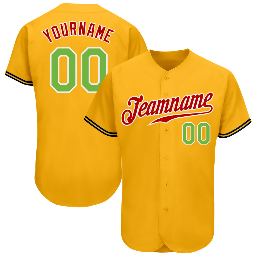 Custom Gold Neon Green Red Baseball Jersey - Personalized Authentic Design Personalized Gold Neon Green-Red Authentic Baseball