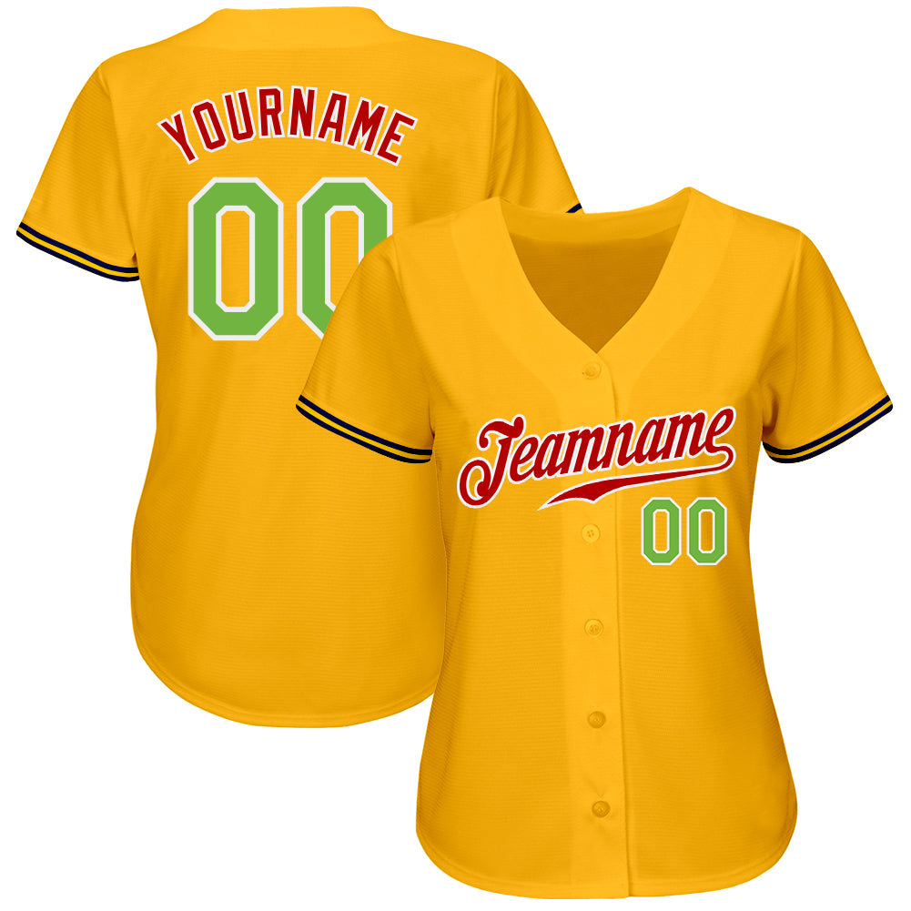 Personalized Gold Neon Green-Red Authentic Baseball Jersey Custom Gold Neon Green Red Baseball Jersey - Personalized Authentic Design Personalized Gold Neon Green-Red Authentic Baseball - Image 2