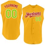 Personalized Gold Neon Green Red Baseball Jersey - Authentic Sleeveless Style Personalized Gold Neon Green-Red Authentic