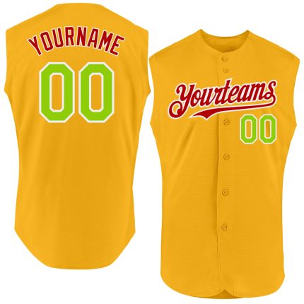 Personalized Gold Neon Green Red Baseball Jersey - Authentic Sleeveless Style Personalized Gold Neon Green-Red Authentic