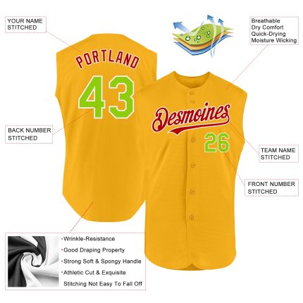 Personalized Gold Neon Green Red Baseball Jersey - Authentic Sleeveless Style Personalized Gold Neon Green-Red Authentic