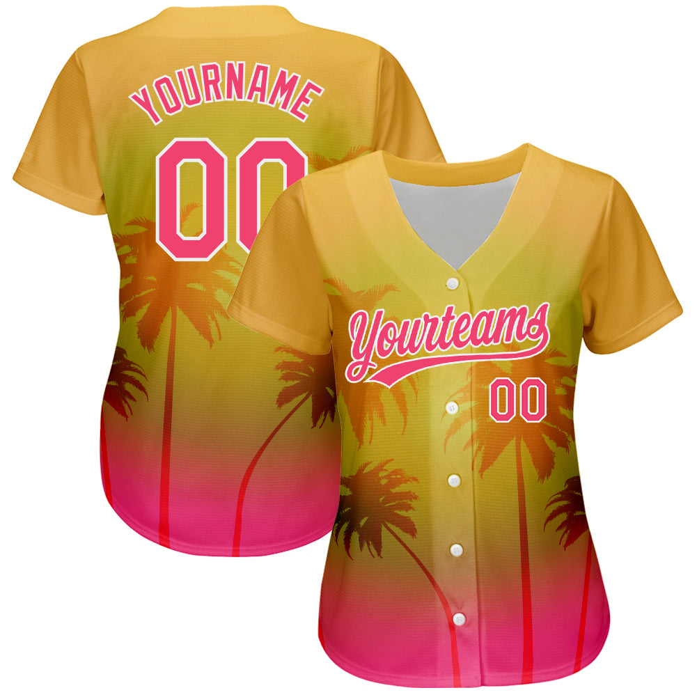 Personalized Gold Neon Pink-White 3D Pattern Design Hawaii Palm Trees Authentic Baseball Jersey Team Custom Name and Number Personalized Hawaii Palm Trees Baseball Jersey in Gold Neon Pink-White 3D Pattern with Custom Name and Number Personalized - Image 2