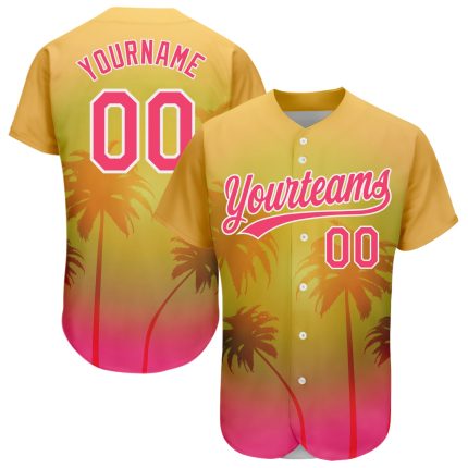 Personalized Hawaii Palm Trees Baseball Jersey in Gold Neon Pink-White 3D Pattern with Custom Name and Number Personalized